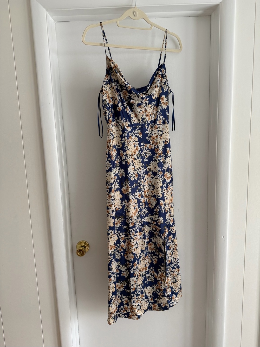 Navy Floral Slip Midi Dress with Spaghetti Straps